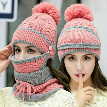 UMIPUBO 3 in 1 Winter Scarf Set Women Warm Scarf Set Thickend Knitted Beanie Hat Scarf Face Cover Pom Pom Cap Girls Warm Hat Earmuffs Cap for Indoor and Outdoor Sports